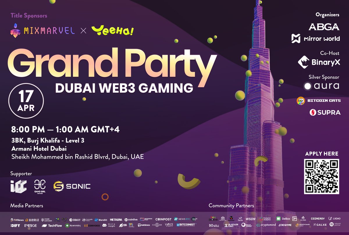 🍾Join us to participate in the Dubai Web3 Gaming Grand Party on April 17! Dubai Web3 Gaming Grand Party is organized by @ABGAasia and @joinmirrorworld, title sponsored by @MIXMARVELGAME and @YeehaGames, co-host by @binary_x, silver sponsored by @aura_commerce, @BitcoinCats1Cat…