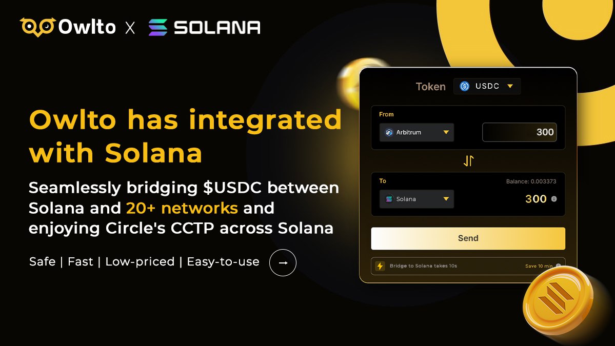 🦉 New integration with @solana!

Excited to announce that Owlto now supports seamless bridging between #solana and 20+ networks! You can now easily transfer native $USDC on Solana through @circle’s #CCTP 🎉

➡️owlto.finance/?to=Solana
Let’s dive into the thriving Solana…