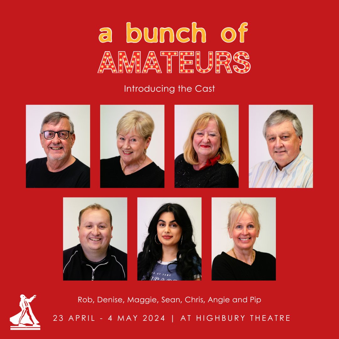 Introducing the cast of A Bunch of Amateurs by Ian Hislop and Nick Newman ⭐🎬🍳👑🔨🧳🍺 Tuesday 23 April - Saturday 4 May 2024 at Highbury Theatre 🎭 highburytheatre.co.uk/event/hp-a-bun… 📸 Emily White