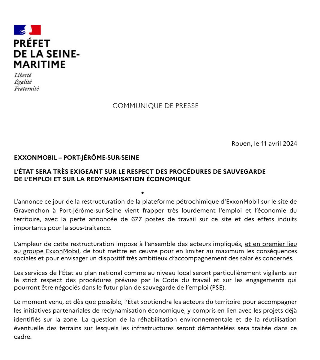 Communiqué relatif aux annonces de l'industriel #ExxonMobil concernant la suppression de postes de travail sur sa plateforme pétrochimique de Port-Jérôme-sur-Seine. L’État sera très exigeant quant au respect des procédures de sauvegarde de l'emploi et à la redynamisation…