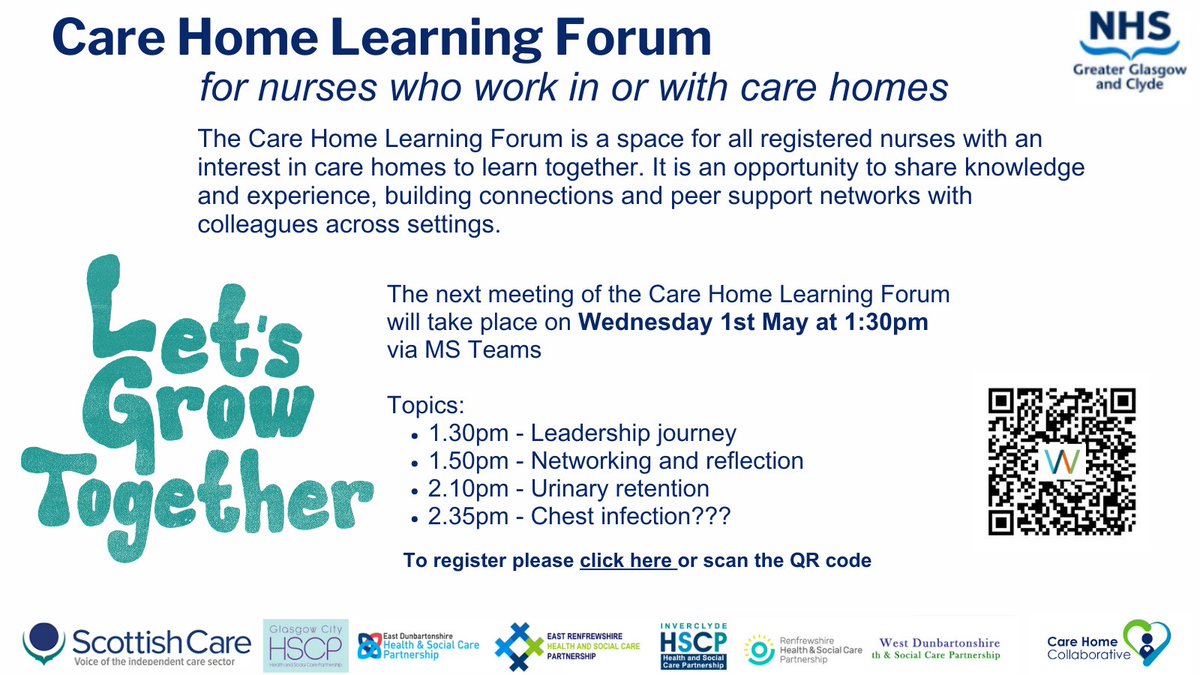 Delighted to be back with the 2nd learning event for nurses with an interest in #carehomes. Hosted by @rashilee @Justacarehomeg1 @RenHSCP 
Join us on 1st May to learn about urinary retention, explore chest infections and respiratory issues.
Register here  
nhsggc.scot/your-health/ca…