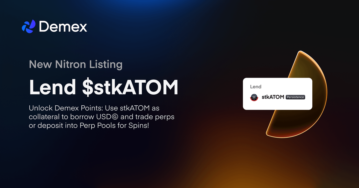 stkATOM is now up on Nitron ⚛️🌊 this marks the second LST powered by @pStakeFinance on @PersistenceOne to be listed on Nitron 🔥 🌀 get in on the spinning frenzy: use stkATOM as collateral to borrow USDⒼ and trade perps, or deposit into perp pools to earn Spins for Demex…