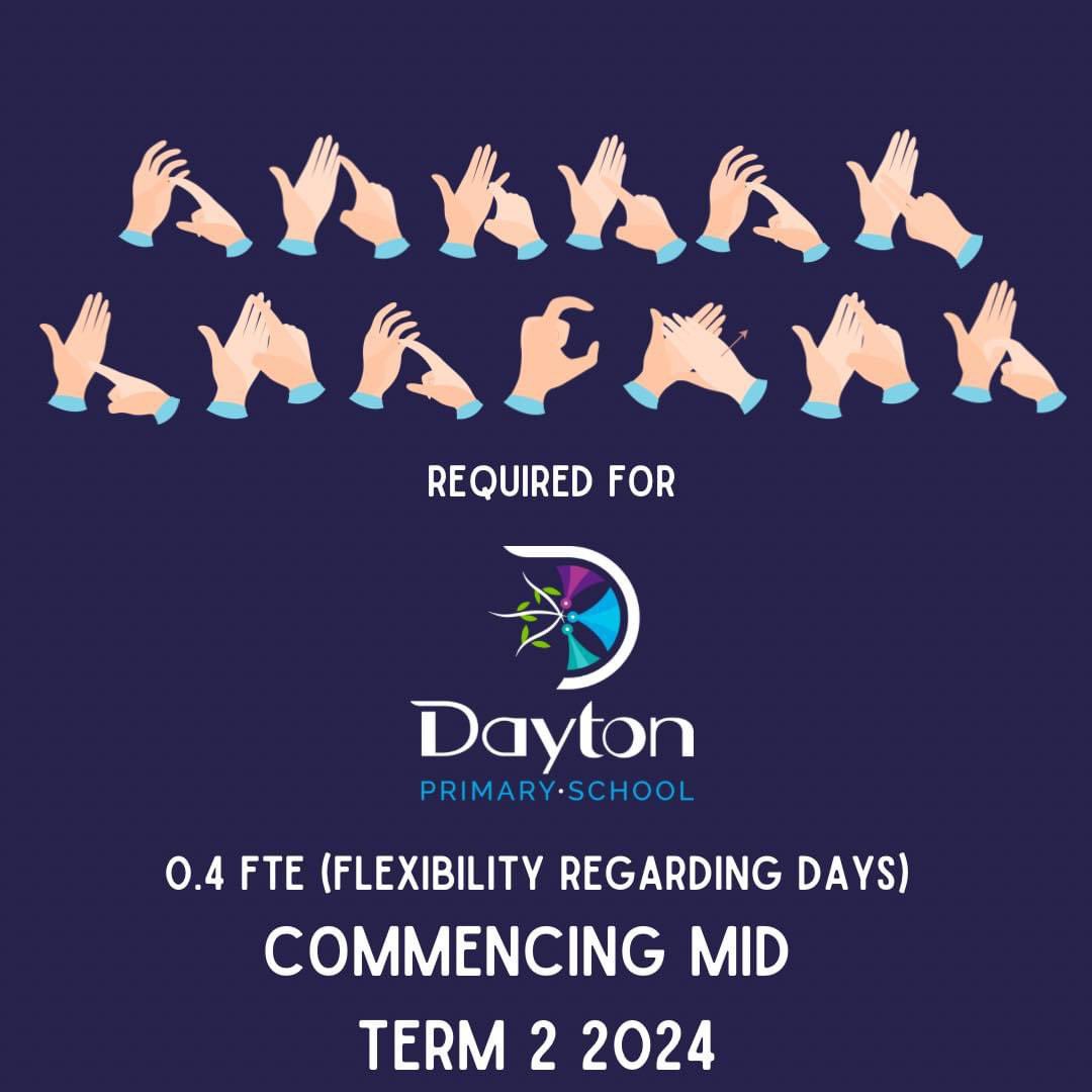 👋 Dayton Primary School is looking for a qualified and experienced Auslan teacher (0.4 FTE - days flexible) to commence mid Term 2, 2024. You can find the advertisment on the JobsWA website: search.jobs.wa.gov.au/page.php?pageI…