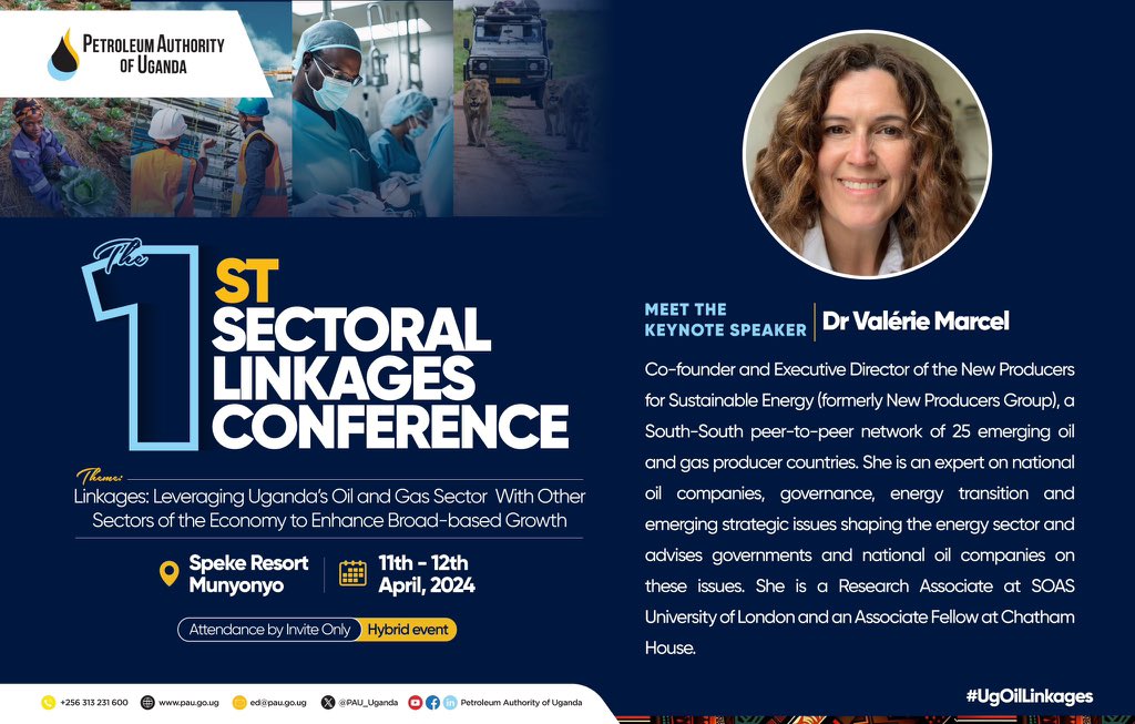 #UgOilLinkages Dr @ValerieMarcel, Co-founder and ED, New Producers for Sustainable Energy ‘Uganda stands at a crucial juncture in its devt trajectory,with exploitation of its oil resources offering immense potential for inclusive economic transformation’ #CreatingaLastingValue