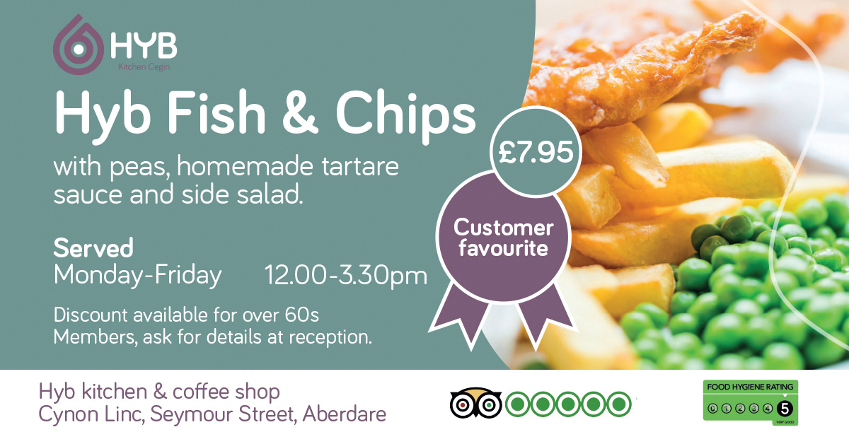 Our Hyb Fish & Chips is available Monday to Friday from 12pm in the restaurant. Plus on a Thursday it comes with a free dessert! #fishandchips #aberdare