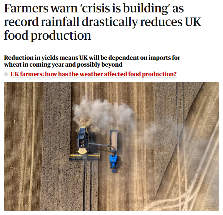 After an exceptionally wet 18 months, UK food production is drastically reduced. 🌧 📉 Wheat production is down 15% 📉 Rapeseed oil down 28% 📉 Winter barley down 22% This is the impact of climate change.