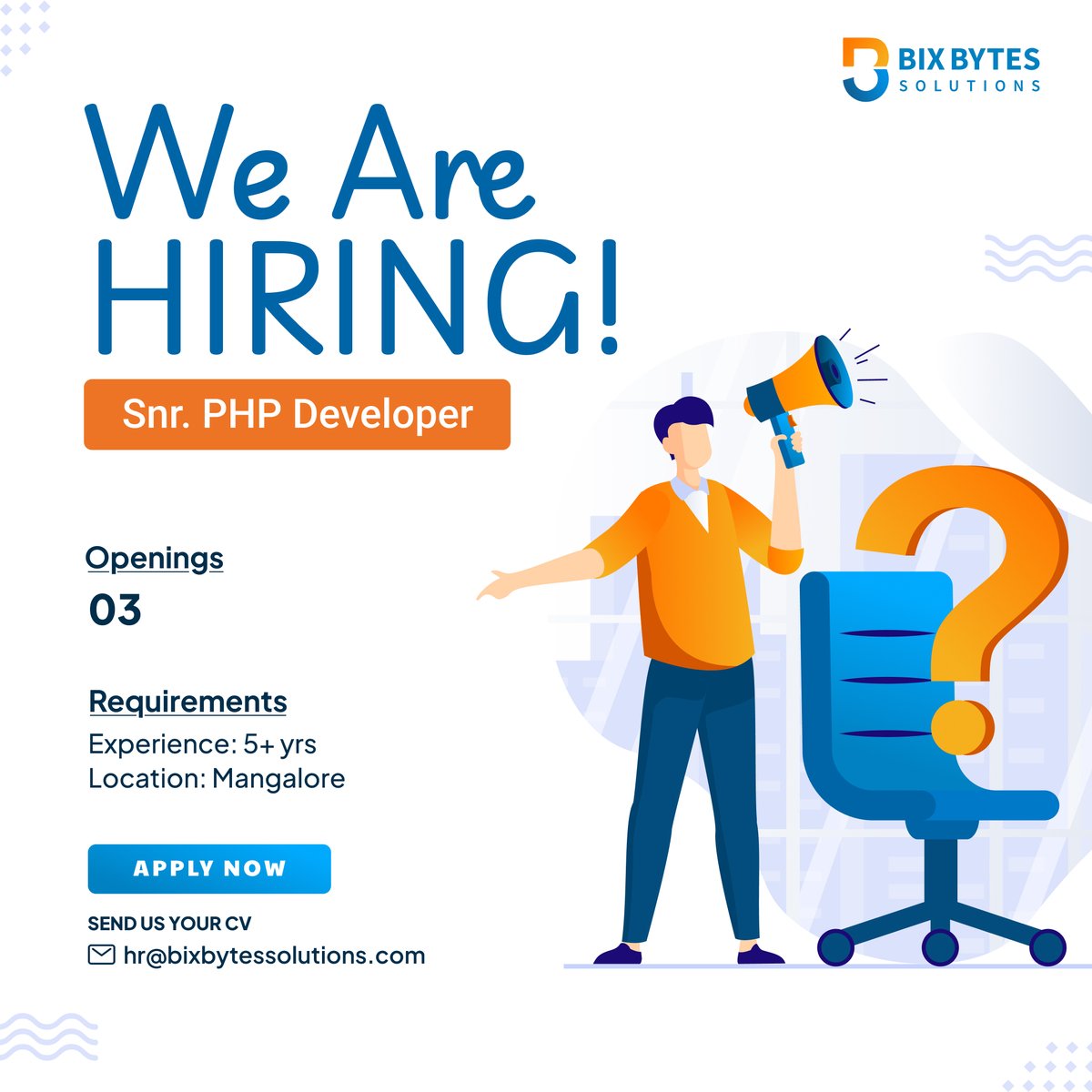We are Hiring Senior PHP Developers! 👨‍💻

📝 Apply Now!
✉️ Send your CV to hr@bixbytessolutions.com
🌐 Visit - bixbytessolutions.com/en/jobs

#SoftwareDeveloper #phpdeveloper #jobopening   #Jobs #HIRINGNOW #JobOpportunity #Career 
#Mangalore #mangaluru #bixbytessolutions