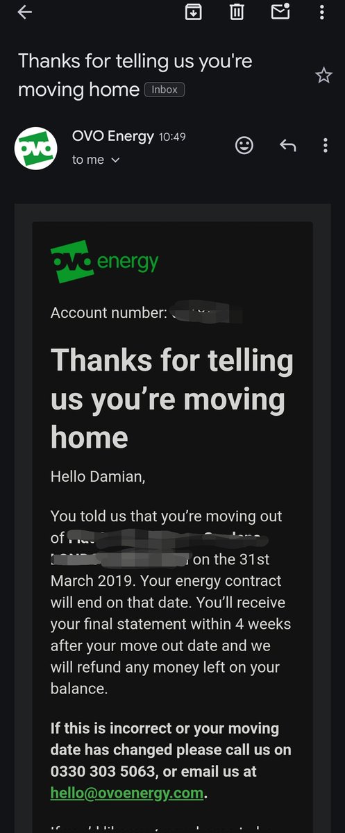 Just  this morning received this email from <a href="/OVOEnergy/">OVO</a> 

Spectacular work! I've moved twice since then