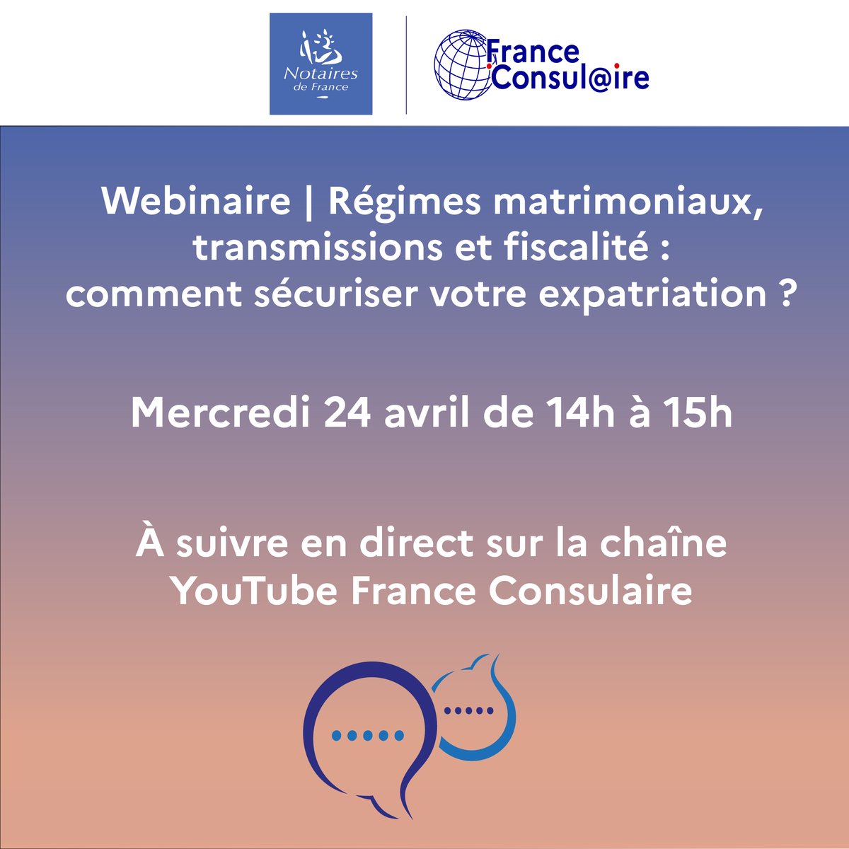 #Webinaire | Régimes matrimoniaux, transmissions, fiscalité… nous aborderons tous ces thèmes avec les @Notaires_CSN le mercredi 2️⃣4️⃣ avril afin de mieux répondre aux interrogations des 🇫🇷 à l'étranger. ❓Posez-nous vos questions dès maintenant ! 👉 fb.me/e/8ltiUANo0