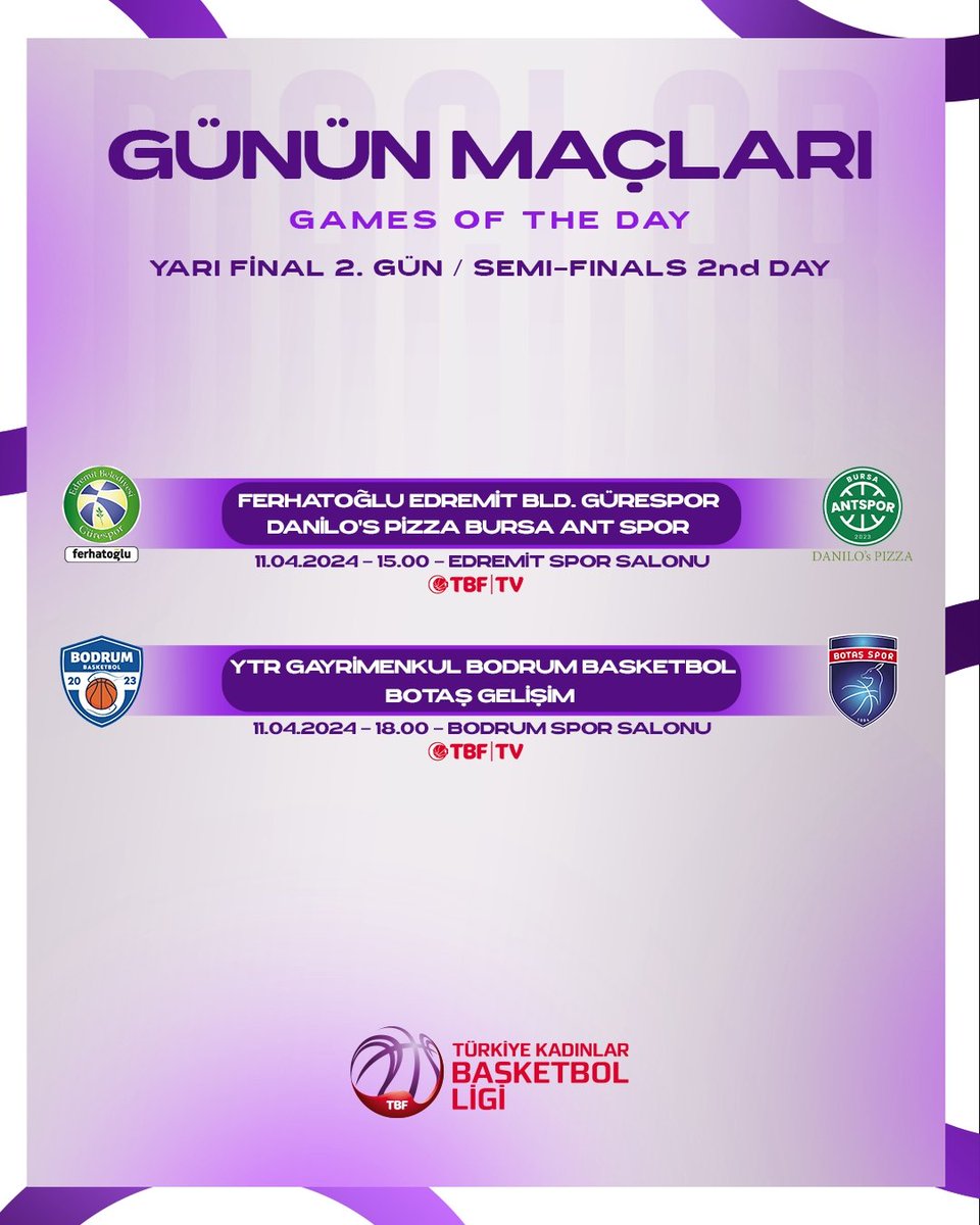 ⛹️‍♀️ Türkiye Kadınlar Basketbol Ligi’nde playoff heyecanı devam ediyor! 🗓️ İşte playoff’ta günün programı: #ŞimdiBizimZamanımız #ItsOurTimeNow