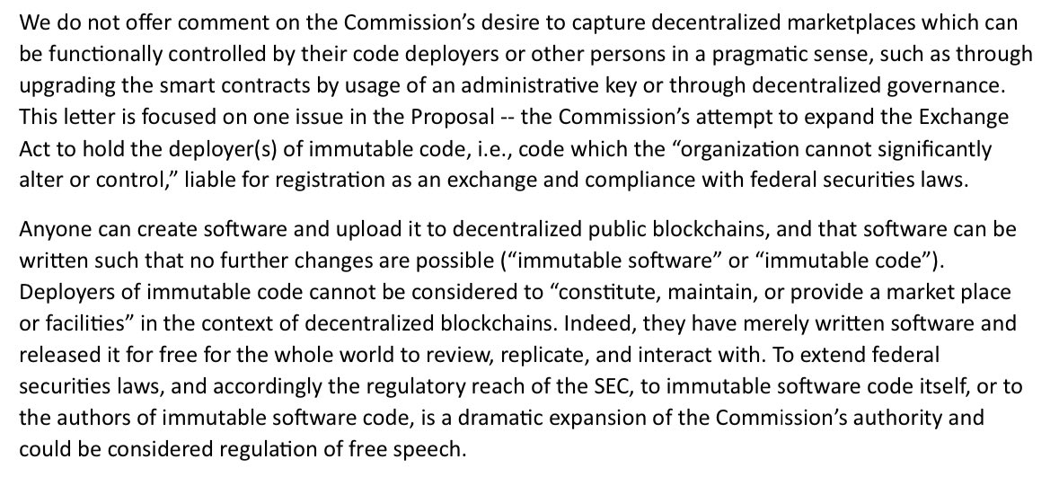 intangiblecoins's tweet image. re: wells notice sent to @Uniswap, many have expected the SEC to go after them

SEC’s proposed changes to the definition of “exchange” made its view clear: autonomous code devs are exchanges under exchange act

last june, i filed a comment letter on behalf of @galaxyhq explaining…