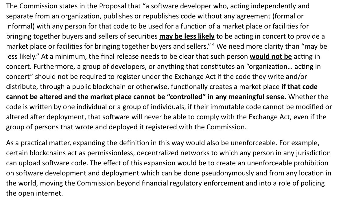 intangiblecoins's tweet image. re: wells notice sent to @Uniswap, many have expected the SEC to go after them

SEC’s proposed changes to the definition of “exchange” made its view clear: autonomous code devs are exchanges under exchange act

last june, i filed a comment letter on behalf of @galaxyhq explaining…