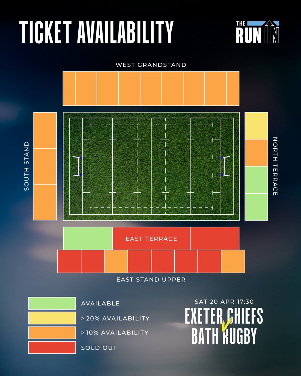 We've already sold 13,000 tickets for our @premrugby fixture vs Bath! 😱 Here is the latest ticket availability 👇 🟠Limited availability in the South stand and West Grandstand. 🟢Tickets available in the North Terrace & East Terrace 🎟️bit.ly/Bath-20-04 #JointheJourney