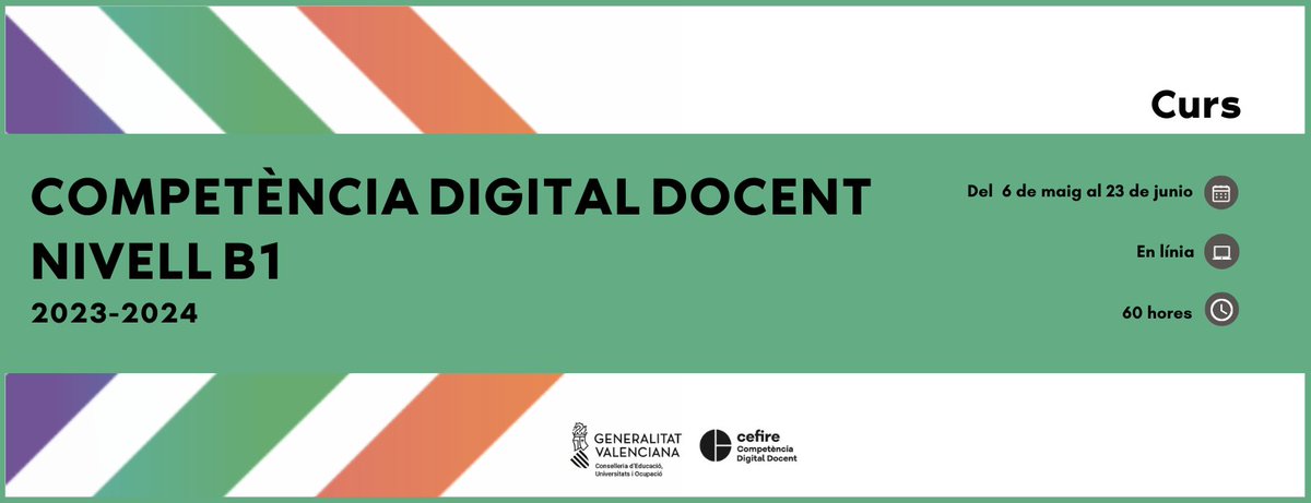 🔊Curs de COMPETÈNCIA DIGITAL DOCENT Nivell B1

📆Del 6 de maig al 23 de juny
📆✍️Inscripcions del 15 al 21 d'abril
💻En línia
⏰60 hores
👩‍🦱👨‍🦱  2.500 participants

➕ℹ️👇
🔗cefire.edu.gva.es/sfp/index.php?…

#CEFIRE_CompetènciaDigitalDocent