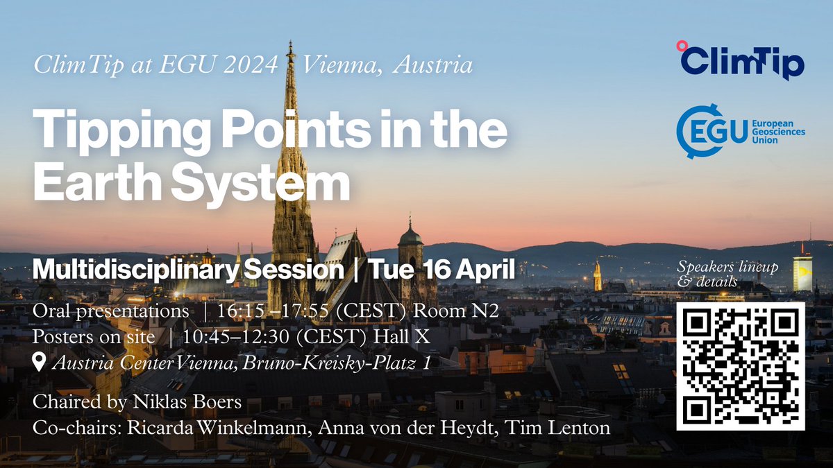 ClimTip (@climtip_project) on Twitter photo What burning questions on tipping points occupy climate scientists?🌎
👉Join #ClimTip at #EGU24 to find out! Follow a day with brilliant speakers in Vienna.
Chaired by Niklas Boers | Co-chairs: <a href="/Ricarda_Climate/">Ricarda Winkelmann</a>, Anna von der Heydt, Tim Lenton.
ℹ️More: meetingorganizer.copernicus.org/EGU24/session/… What burning questions on tipping points occupy climate scientists?🌎
👉Join #ClimTip at #EGU24 to find out! Follow a day with brilliant speakers in Vienna.
Chaired by Niklas Boers | Co-chairs: <a href="/Ricarda_Climate/">Ricarda Winkelmann</a>, Anna von der Heydt, Tim Lenton.
ℹ️More: meetingorganizer.copernicus.org/EGU24/session/…