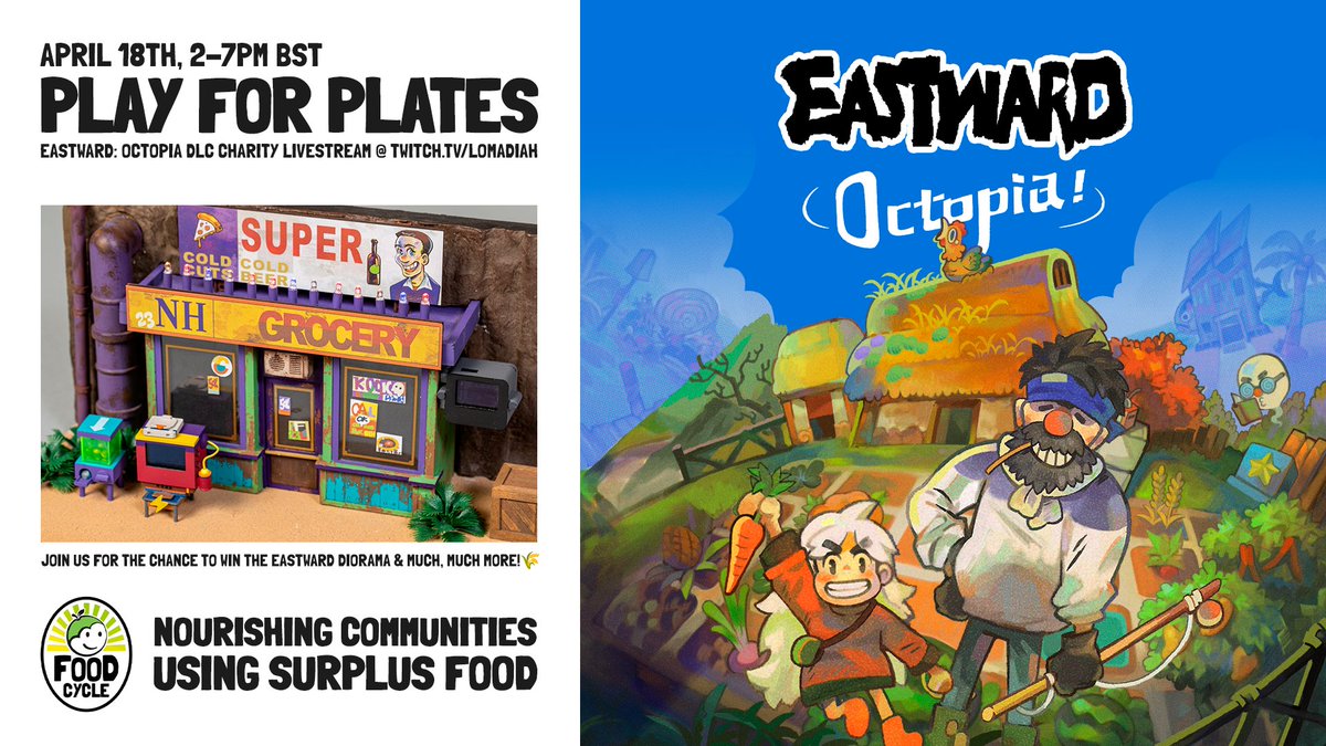 Super excited to announce #PlayForPlates! A charity initiative that aims to raise money for @FoodCycle in collaboration with the amazing @Lomadiah. 📺 twitch.tv/lomadiah 🎮 @EastwardGame: Octopia 🕖 Thursday April 18th 14:00-19:00 BST. 📝: tiltify.com/@lomadiah/plat…