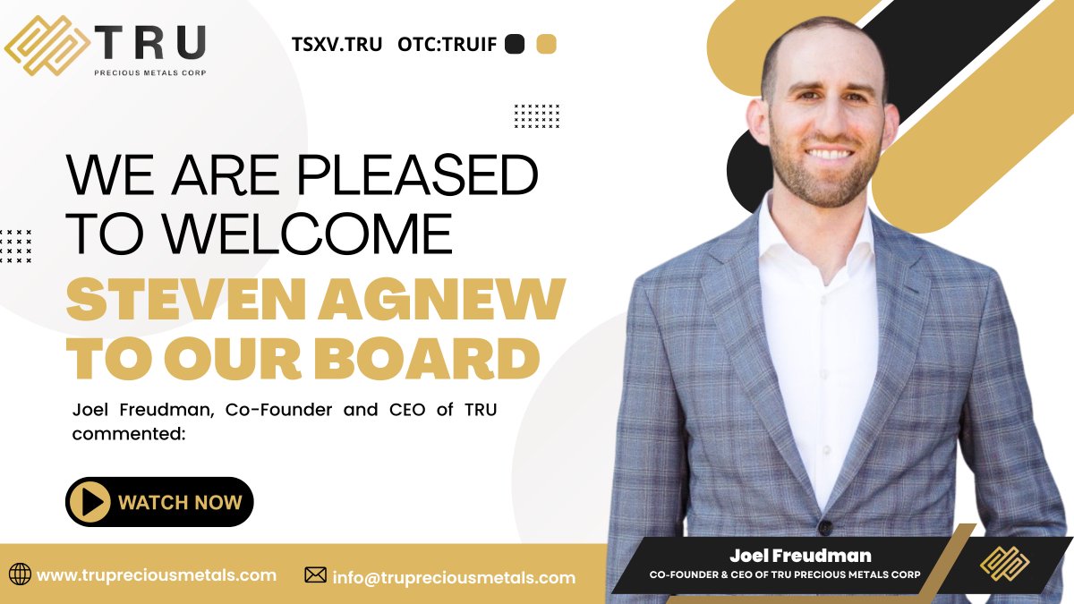 TRU Precious Metals Corp. (TSXV: TRU).(“TRU” or the “Company”) is pleased to announce the appointment of Steven Agnew to its Board of Directors 

youtu.be/4CMMfPJujcY

#TRUPreciousMetals #GoldenRoseProject #CentralNewfoundlandGoldBelt #GoldExploration #CopperExploration