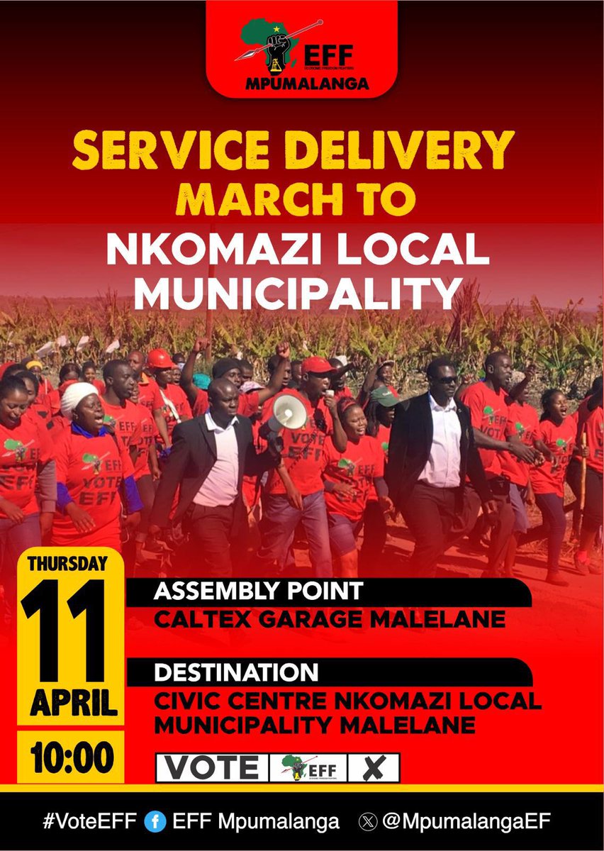 #EFFNkomaziMarch Ground Forces together with The RETF in Nkomazi are gearing up for the Service Delivery March to the Nkomazi Local Municipality. Our Battle Cry is Clear: Our Land And Jobs Now, Stop Loadshedding! #MalemaForSAPresident #VoteEFF29May