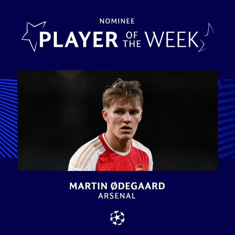 Arsenal's tweet photo. 🏅 Martin Odegaard has been nominated for the UEFA Champions League Player of the Week award

🗳️ Help our skipper to win here 👇