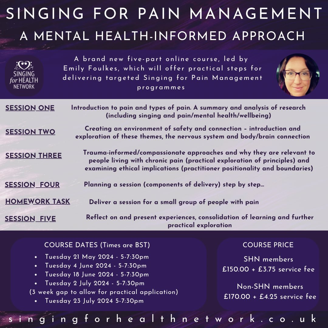 Delighted to announce this brand new Singing for Pain Management course led by SHN Founder/Director @EmilyFoulkes1 ✨Discount for SHN members ✨Mental Health/Trauma-informed ✨Practical steps for delivery singingforhealthnetwork.co.uk/events