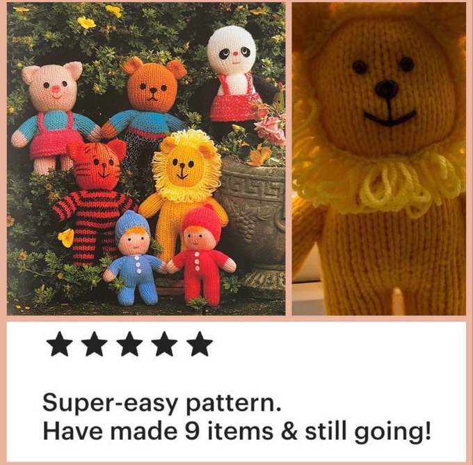 Nostalgic Knitted Toy Animals and Dolls 😊 Featuring Tiger, Lion, Panda, Piglet, and Bear Pattern An Ideal handmade gift. Incredibly simple to follow, allowing you to craft a whole collection in no time 🐻🐼🦁🐷🐯 #MHHSBD #craftbizparty #nationalpetday #elevenseshour