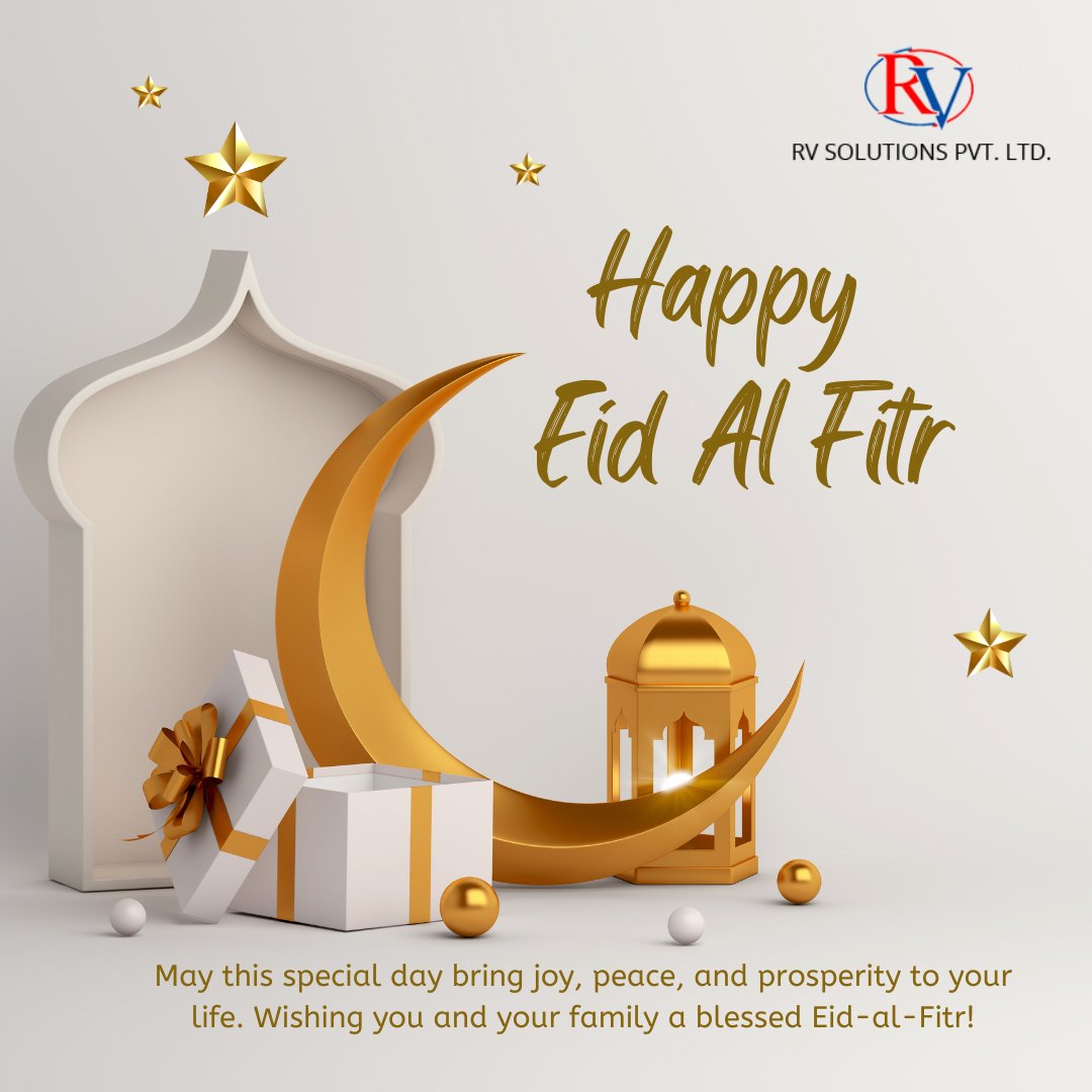May this special day bring joy, peace, and prosperity to your life. Wishing you and your family a blessed Eid-al-Fitr.

#EidUlFitr #greetings #rvsolutionspvtltd #lifeatrvsolutions