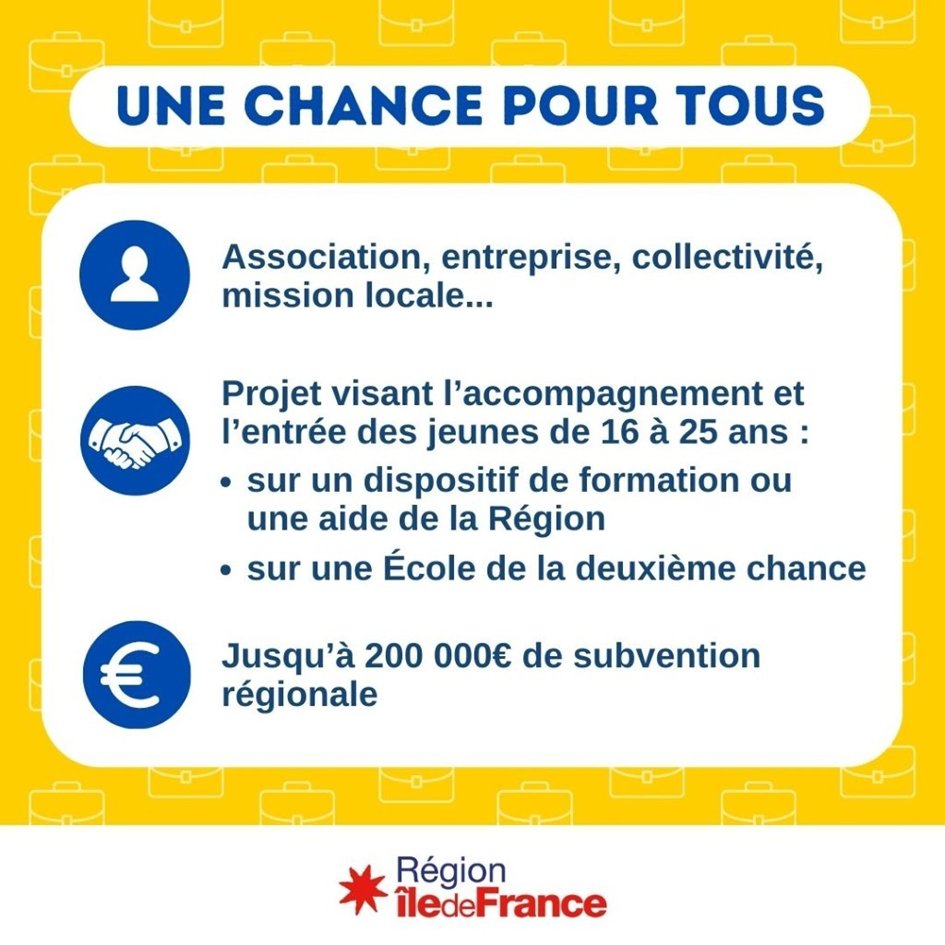 💼 Vous avez un projet d'#accompagnement individualisé des 16-25 ans pour un dispositif de formation ou une aide de la #RégionIDF ? 🎯 Candidatez à l'appel à projets 'Une chance pour tous' et bénéficiez d'une #subvention pouvant aller jusqu'à 200 000 €⬇️ iledefrance.fr/aides-et-appel…