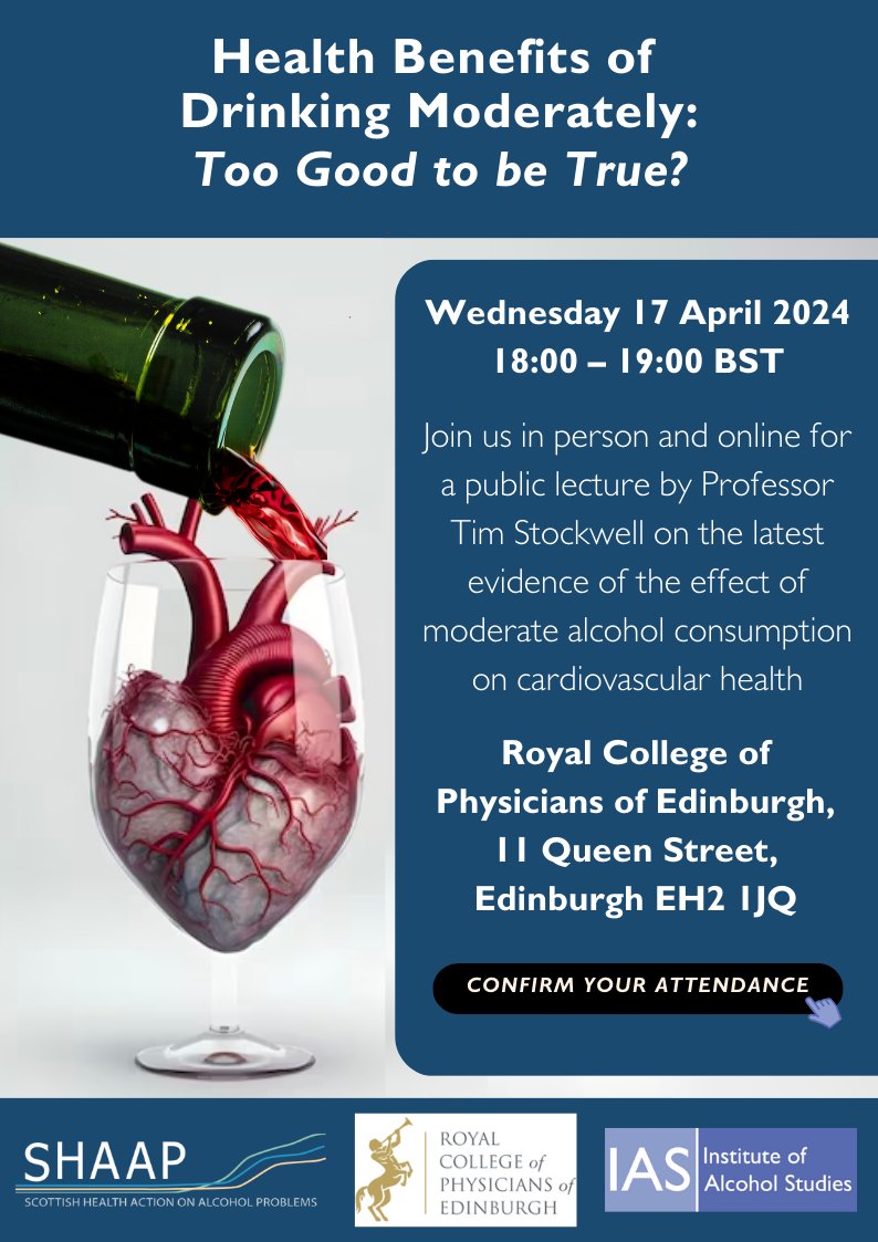 Join us for our evening public lecture by Prof Tim Stockwell: 

'Health Benefits of Drinking Moderately: Too Good to be True?'

Organised by @SHAAPAlcohol & @InstAlcStud in collaboration with RCPE.

More info and and how to book here: tinyurl.com/snyf6rx3