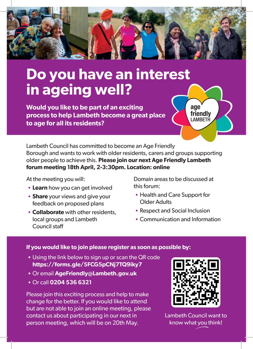 🗣️ Join Age Friendly Lambeth forum meeting 18 April, 2-330 pm online Discuss Health & Care Support for Older Adults, Respect & Social Inclusion, Communication & Information Register via orlo.uk/FGWpg scan QR code email AgeFriendly@Lambeth.gov.uk Or tel 0204 536 6321