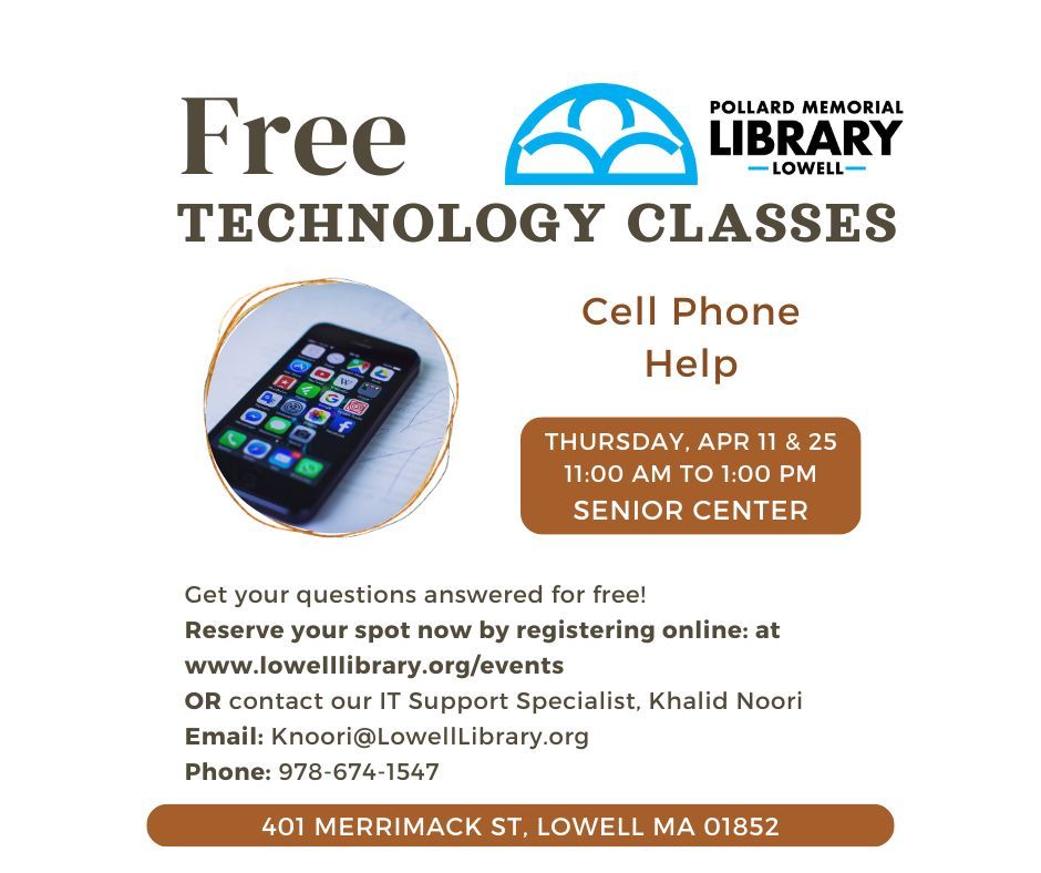 pollardlibrary's tweet image. Do you have questions about how to do things on your cell phone? Sign up for free Cell Phone Help at the Senior Center today! Khalid will answer your questions!
#lowellma #cellphonehelp #computerclass #libraryprogramming