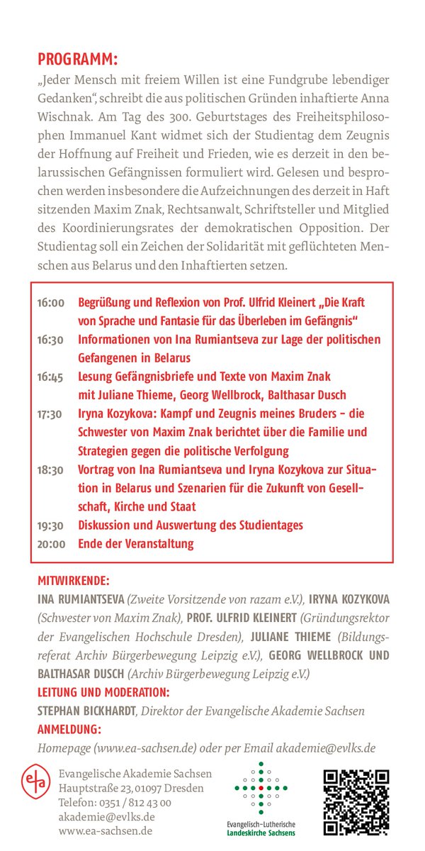 Gedenkstätte Bautzner Straße Dresden (@gbs_dresden) on Twitter photo Herzliche Einladung für den 22.4. zu einer Kooperationsveranstaltung mit der <a href="/EvAkademieSax/">Evangelische Akademie Sachsen</a>:
"Jeder Mensch mit freiem Willen"
Maxim Znaks Aufzeichnungen aus dem Gefängnis in #Belarus
Alle Informationen zum Studientag und zur Anmeldung hier:
ea-sachsen.de/kalender/jeder… Herzliche Einladung für den 22.4. zu einer Kooperationsveranstaltung mit der <a href="/EvAkademieSax/">Evangelische Akademie Sachsen</a>:
"Jeder Mensch mit freiem Willen"
Maxim Znaks Aufzeichnungen aus dem Gefängnis in #Belarus
Alle Informationen zum Studientag und zur Anmeldung hier:
ea-sachsen.de/kalender/jeder…
