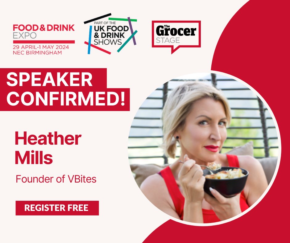 We are pleased to announce that @heatherofficial, Founder of @vbitesfoods, will be joining us on The Grocer Stage this month! 👏 To find out more about Heather and her session, visit our website >> ow.ly/h2fV50R4lf1 #FDE2024 #speakers2024 #food #drink #expo #plantbased