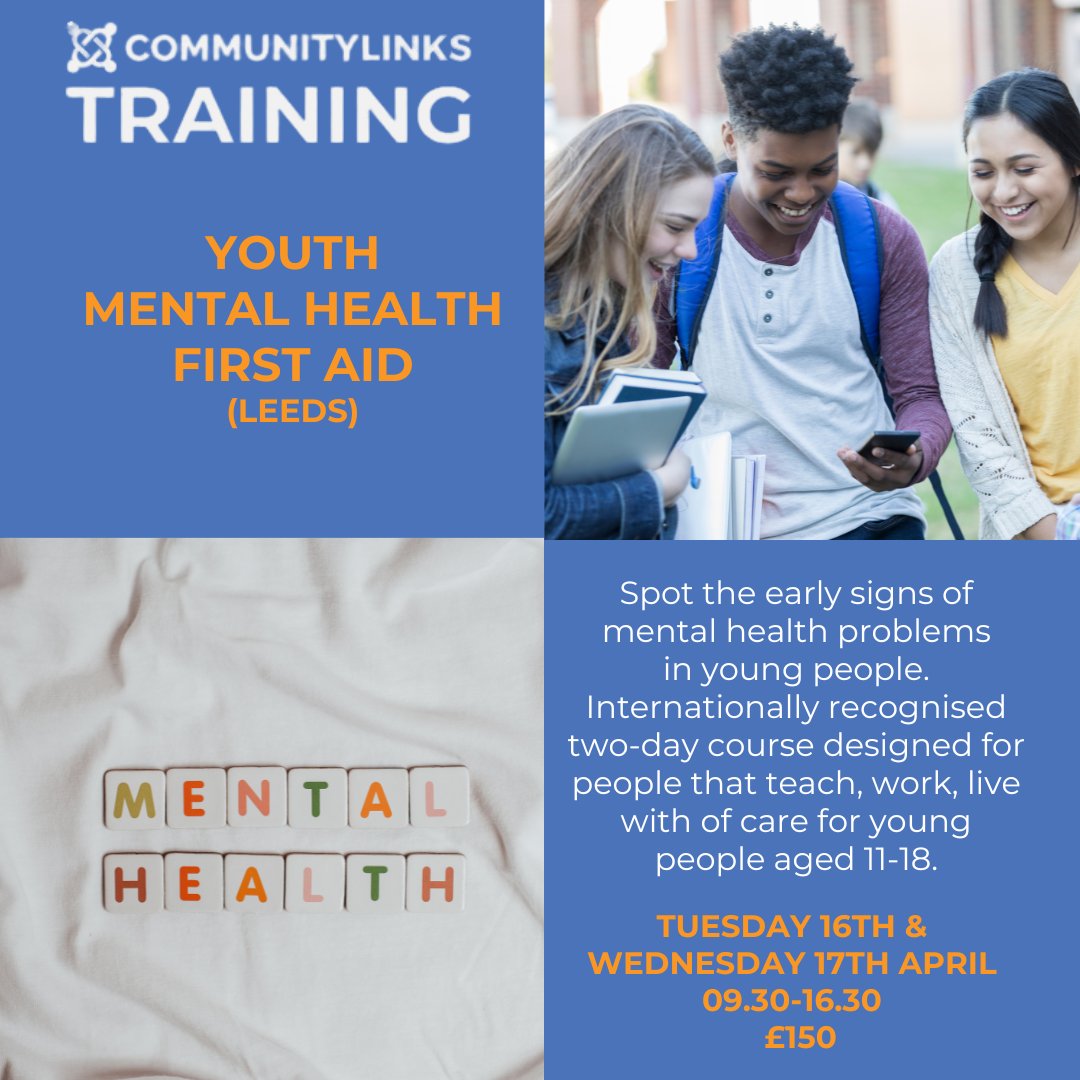 Youth Mental Health First Aid Course. 16th and 17th April. A two-day course specifically designed for those people that teach, work, live with or care for young people aged 11 – 18. commlinks.co.uk/training/cours… #MentalHealth #Training #CommunityLinksTraining #YoungPeople