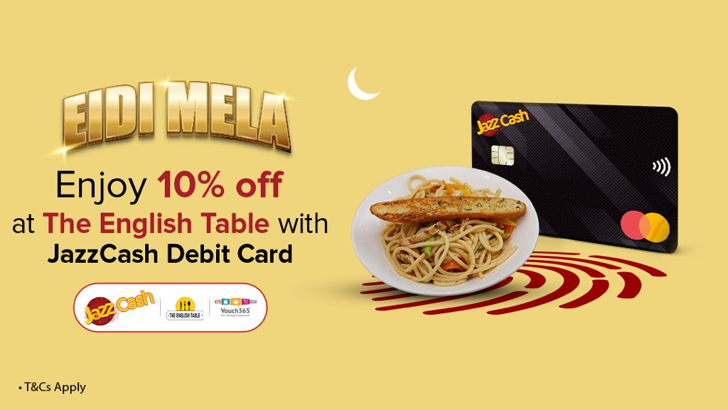 Celebrate the spirit of Eidi Mela! Enjoy an exclusive 10% discount at The English Table with your JazzCash Debit Card. Indulge in delectable burgers, sandwiches, and beverages while unlocking big savings. Download now and elevate your Eidi celebrations: bit.ly/3CS8cti