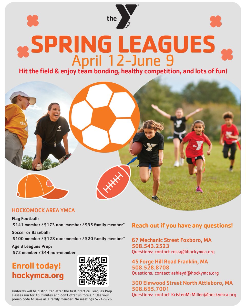 HockomockYMCA's tweet image. Can't wait for Aprill 12th! 🤩 Get ready to have some serious fun! 🤩 Come join us for YMCA Flag Football, Soccer, &amp;amp; T-Ball leagues for an unbeatable combination of friendship, fun, &amp;amp; fitness! #YMCASportsGameOn 🏈⚽️⚾️ #GameOnYMCA#ReadySetGo 

hockymca.org/spring-leagues