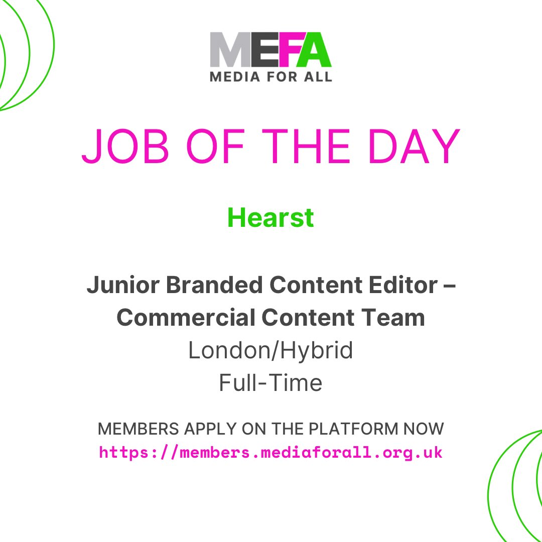 Good Morning ✨ Here is the #JobOfTheDay from our MEFA Sponsor @HearstUK 💼 Junior Branded Content Editor – Commercial Content Team Members can apply via our jobs board on the platform now!
