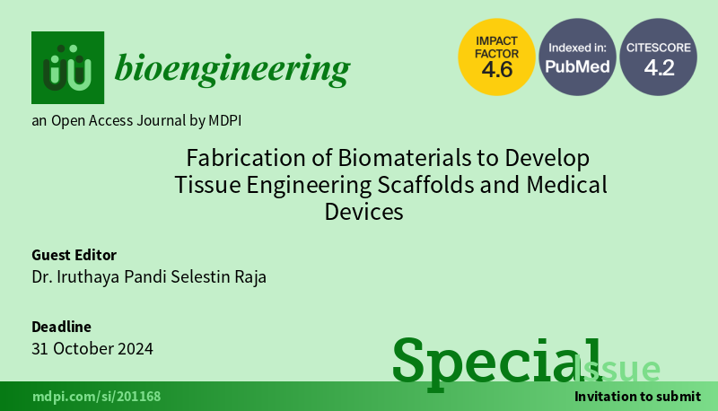 📢 A new Special Issue 'Fabrication of #Biomaterials to Develop Tissue Engineering #Scaffolds and Medical Devices' is open for submissions! 🔗 Access details here: mdpi.com/journal/bioeng… 🎉 Welcome to join us as authors and reviewers! #tissue_engineering #Medical_Devices