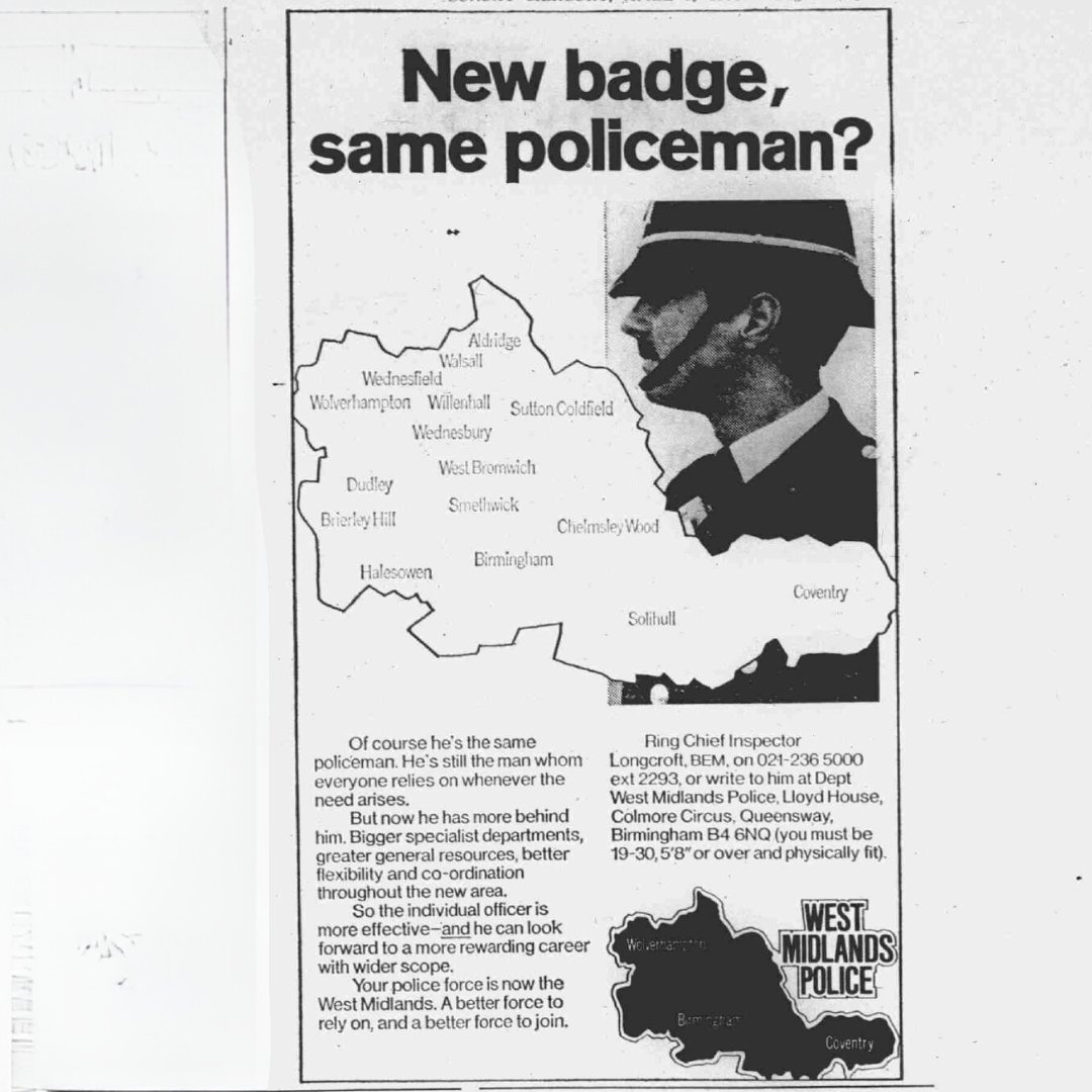 The news of the creation of West Midlands Police force was shared in several local papers - often the same article issued by the force themselves, reassuring the public of the beneficial merger and offering recruitment opportunities. #Anniversary #WeAre50