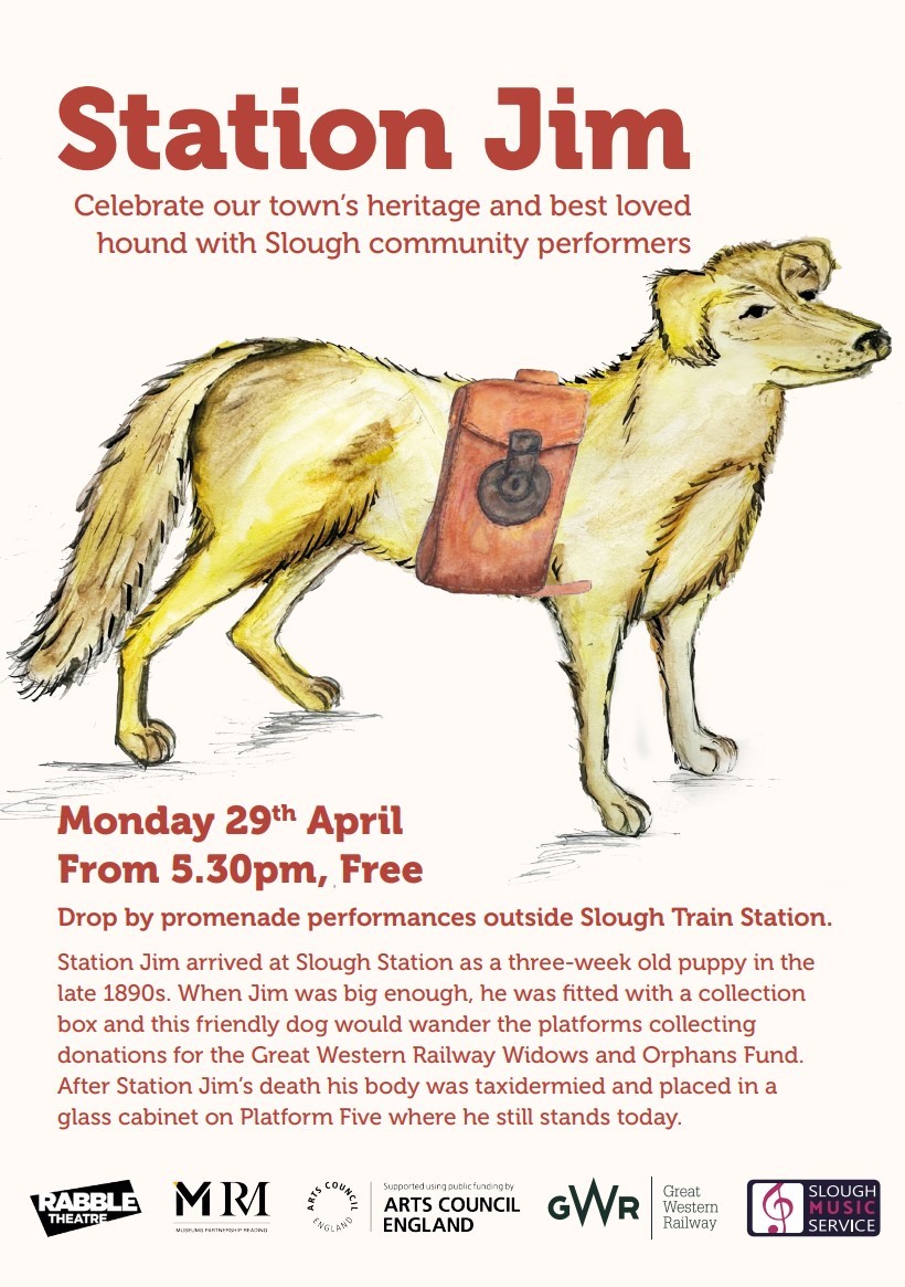 Pop down to Slough Train Station on Mon 29 April from 5.30pm for short piece of theatre about Station Jim! Local communities & performers have worked with @TheMERL & @readingmuseum supported by @ace__london & @RABBLE_Theatre @GWRHelp @SWRSonline @SloughWriters @SloughMusic