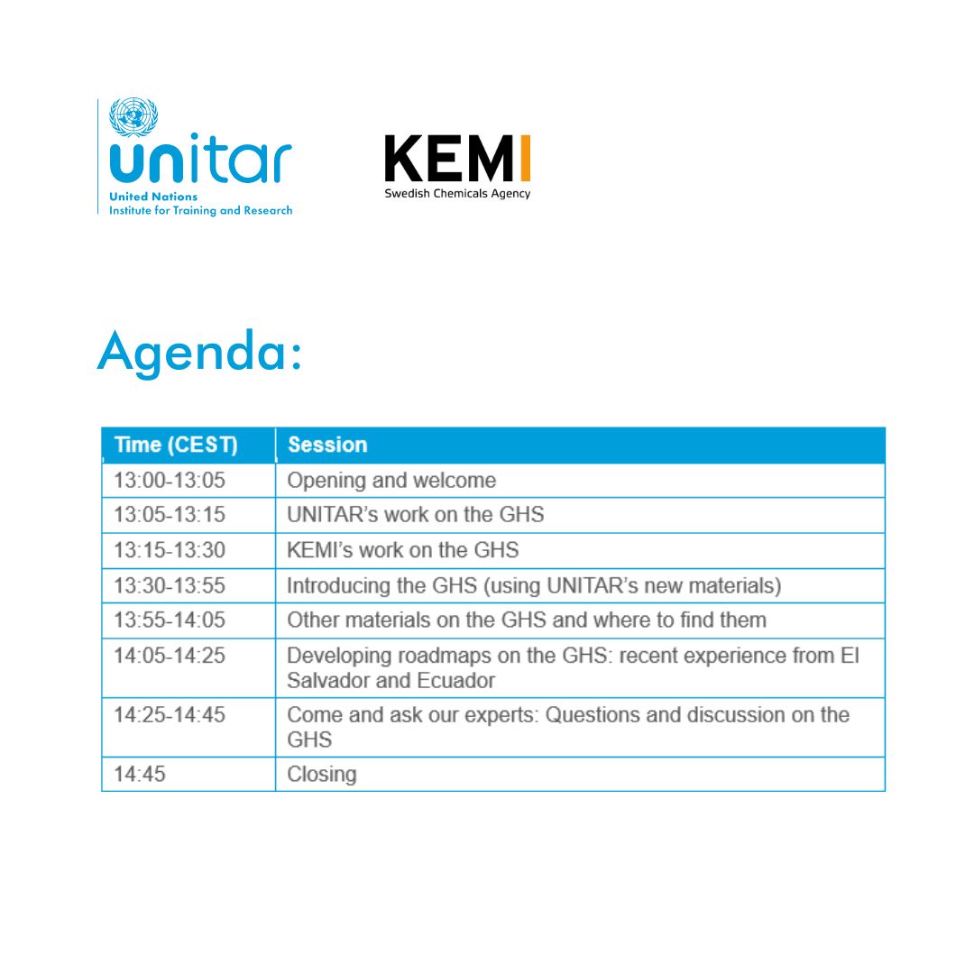 Join UNITAR & KEMI for a webinar on the GHS. Learn about the GHS, access guidance documents and videos, and ask experts questions. 📅 18th April 2024 🕐 13:00-15:00 CEST Zoom link: unitar.zoom.us/j/83280852717 Meeting passcode: 693200