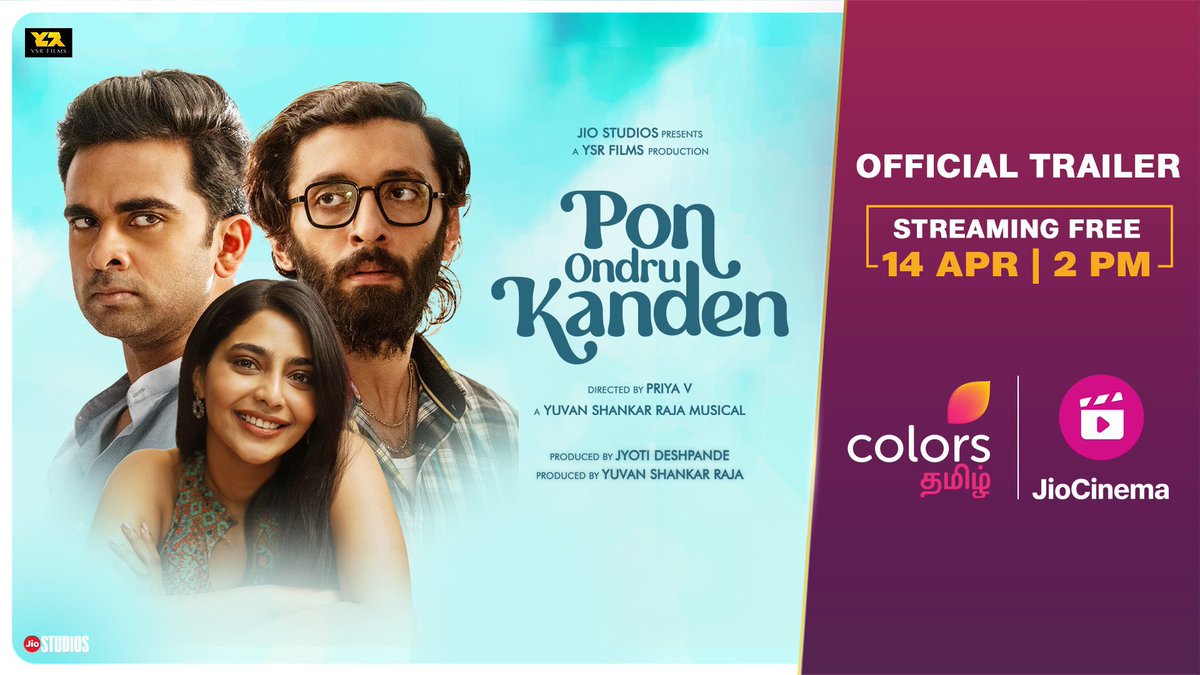 Ashok Selvan (@ashokselvan) on Twitter photo #PonOndruKanden is a light hearted fun film, with my buddies <a href="/iamvasanthravi/">Vasanth Ravi</a> and <a href="/AishuL_/">Aishu__</a> , directed by <a href="/directorpriya_v/">Priya V Kamakshi</a> and music by thalaivan <a href="/thisisysr/">Raja yuvan</a> 💥
The film is coming directly to your home, through <a href="/JioCinema/">JioCinema</a> and <a href="/ColorsTvTamil/">Colors Tamil</a> on April 14th. Watch it with your #PonOndruKanden is a light hearted fun film, with my buddies <a href="/iamvasanthravi/">Vasanth Ravi</a> and <a href="/AishuL_/">Aishu__</a> , directed by <a href="/directorpriya_v/">Priya V Kamakshi</a> and music by thalaivan <a href="/thisisysr/">Raja yuvan</a> 💥
The film is coming directly to your home, through <a href="/JioCinema/">JioCinema</a> and <a href="/ColorsTvTamil/">Colors Tamil</a> on April 14th. Watch it with your