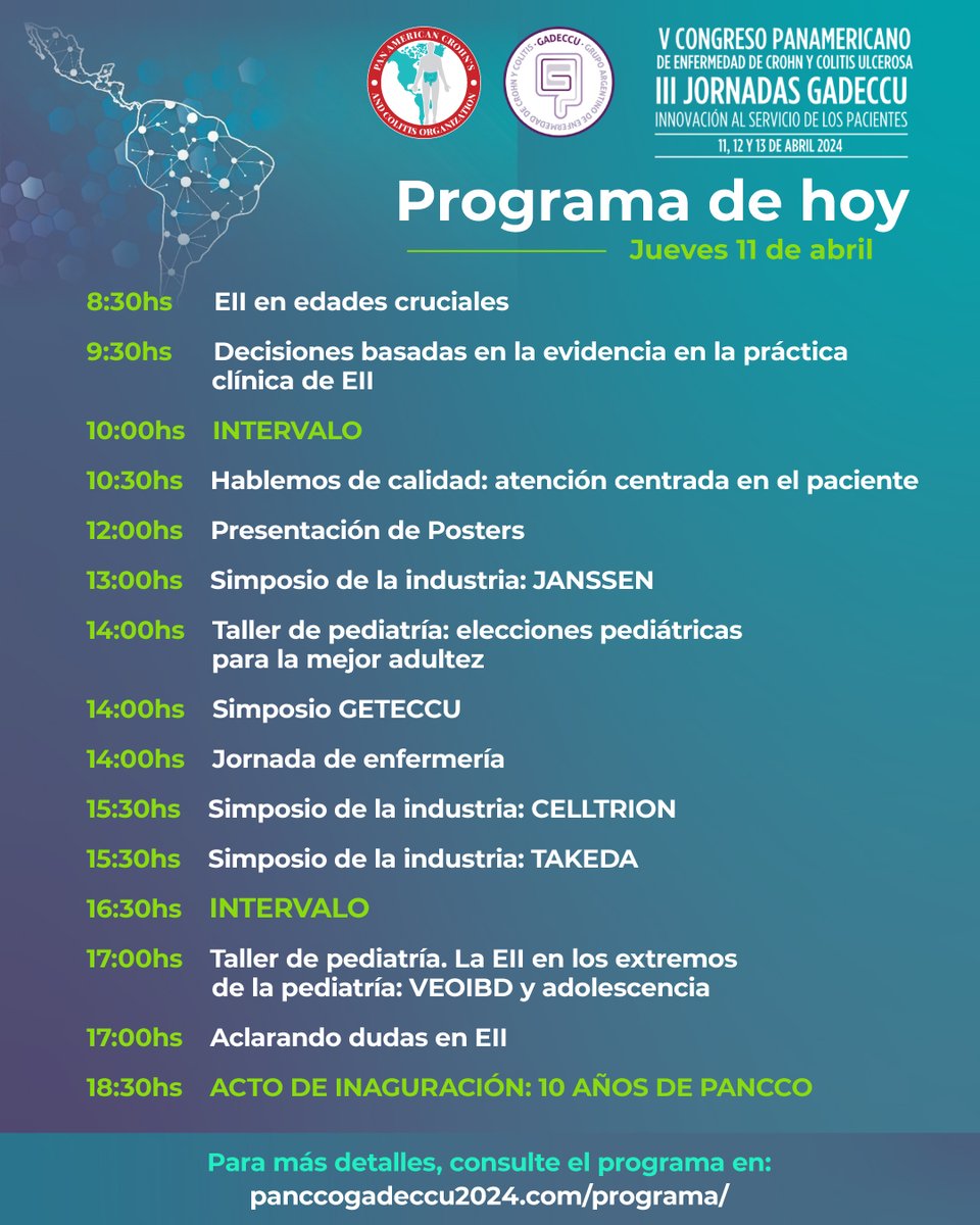 En nuestro V Congreso de la Organización Panamericana de Crohn y Colitis (PANCCO), este es el programa de hoy JUEVES 11 de ABRIL

Para más detalles, consulte el programa en: panccogadeccu2024.com/programa/

#CongresoPANCCO #EII #Crohn #gastroentelogos #ActualizaciónMedica #argentina