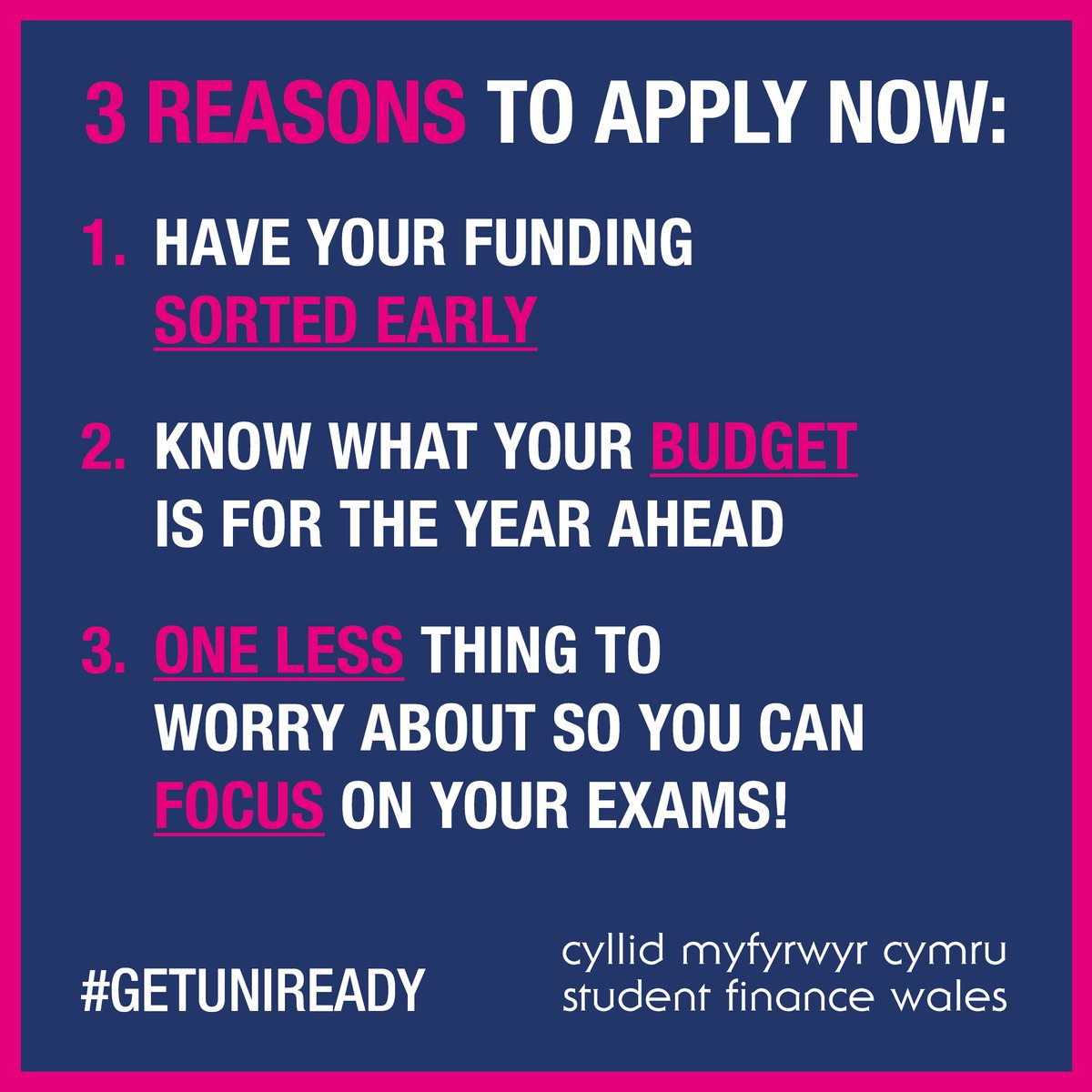 If you apply now, you can start seeing the benefits!

#GetUniReady and have your funding sorted so you can budget before you go to uni!

Find out how to apply: studentfinancewales.co.uk/discover-stude…