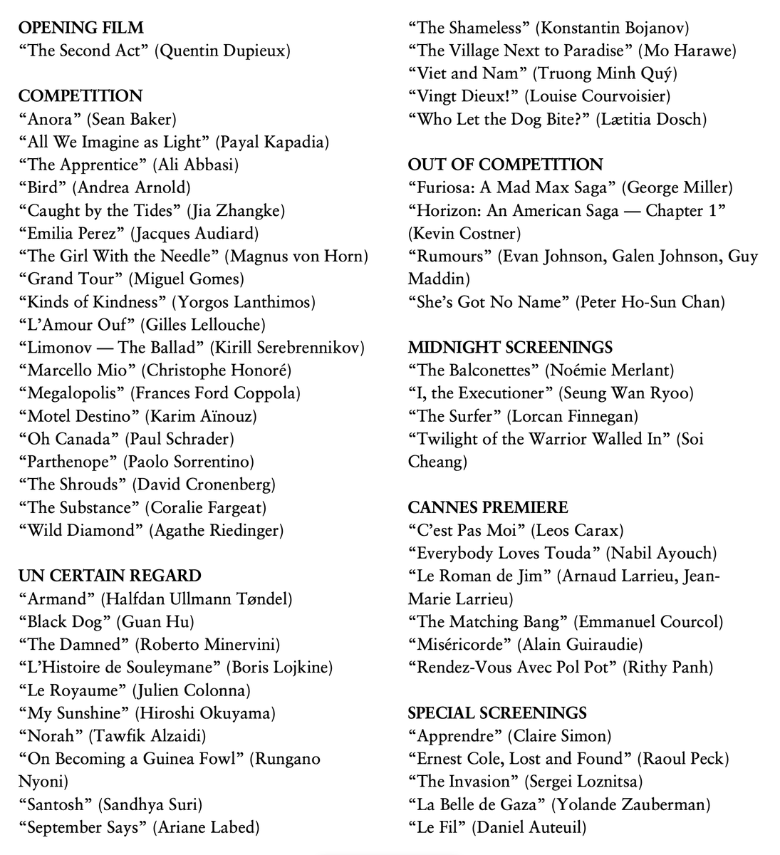 The Official Selection lineup of the 2024 Cannes Film Festival. (It's 3 a.m., so apologies for any typos.)