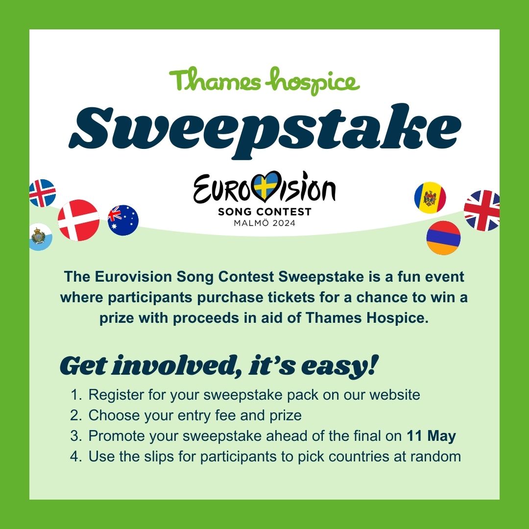 Are you interested in a sweepstake for Thames Hospice? Are you hosting a Eurovision party? Get involved! We are calling our wonderful supporters to get involved To find out more and get involved visit thameshospice.org.uk/upcoming-event… #eurovision2024