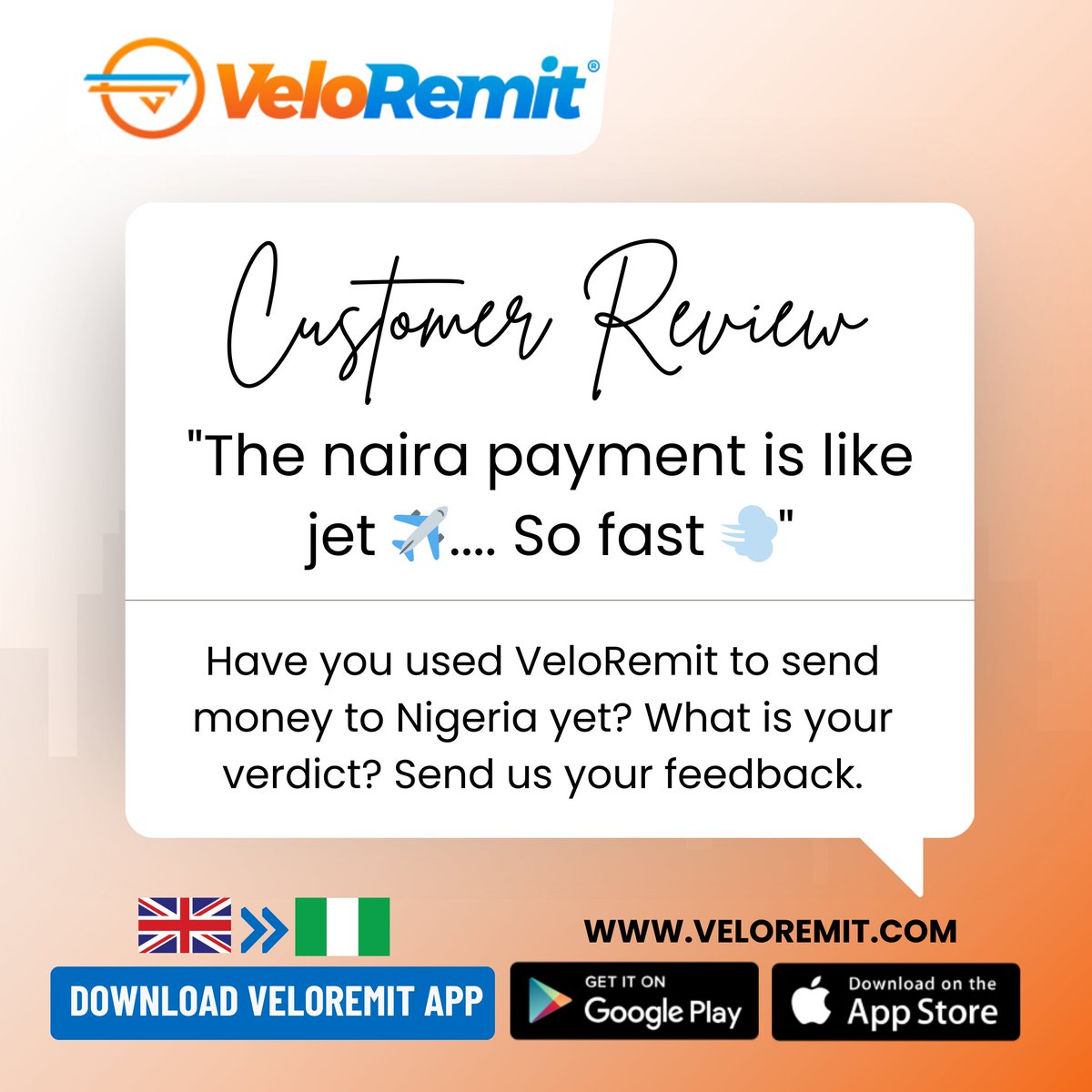 🚀 'The naira payment is like a jet ✈️... So fast 💨' - Another satisfied customer!🌟 What's our verdict? 💸 Share your experience with us! 🇬🇧🇳🇬#veloremit #etioba_velo✅ #Review #fasttransfers #shareyourexperience #bestrates #uktonigeria #moneytransferapp #NaijaNews #downloadnow