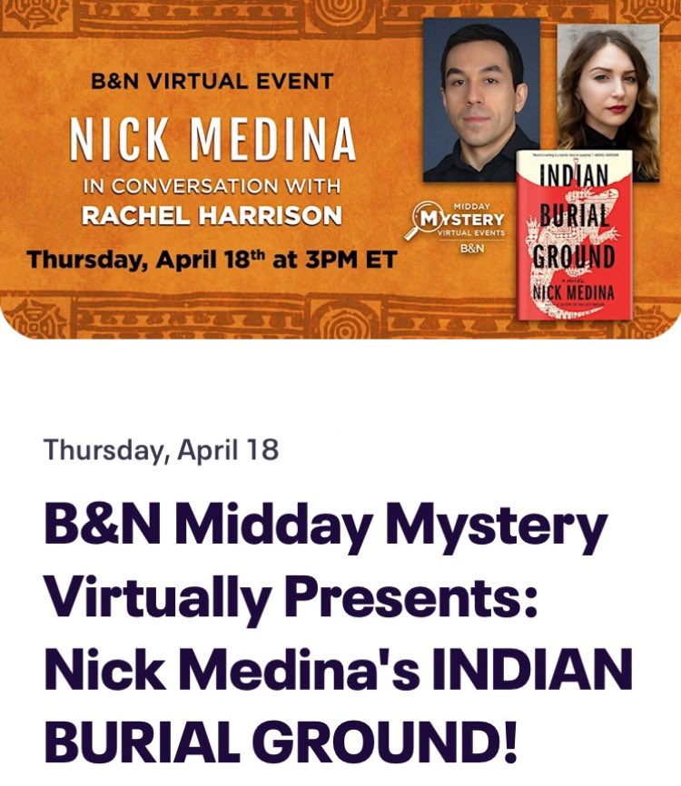 Would be cool if you could join me & the most amazing @rachfacelogic for a virtual @BNBuzz Midday Mystery event April 18 @ 3 pm ET. It’s FREE, but you can buy a signed copy of INDIAN BURIAL GROUND. Register: eventbrite.com/e/bn-midday-my… #newbook #thrillerbooks #horror @BerkleyPub