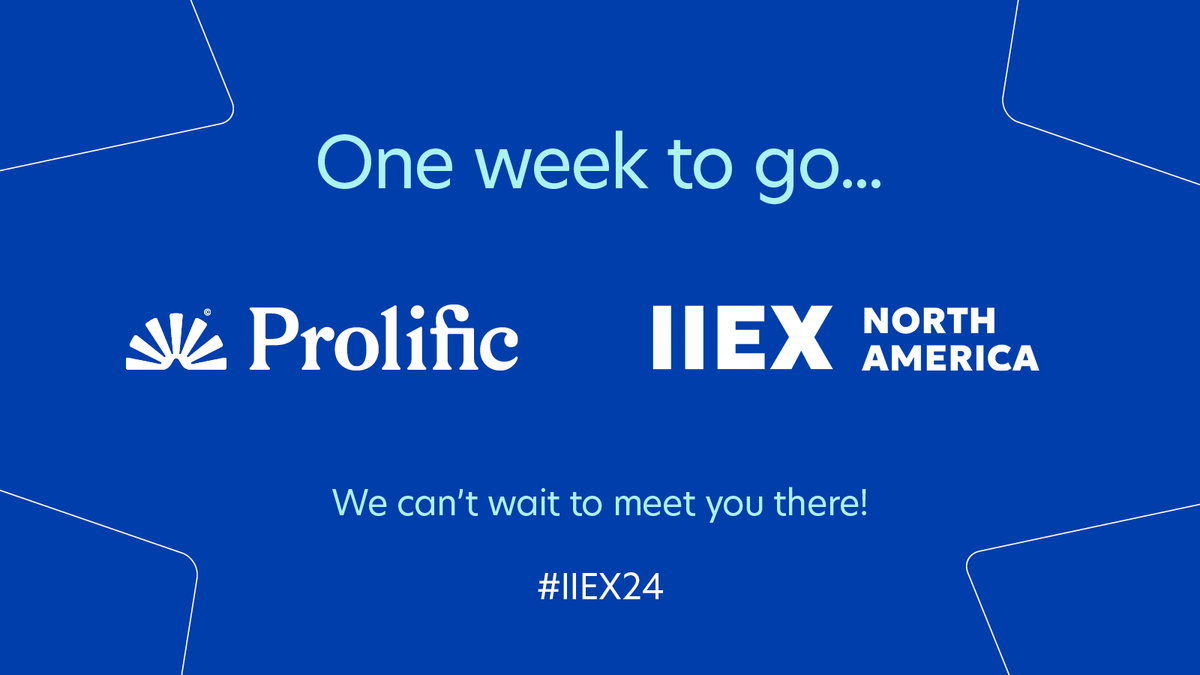 Prolific's tweet photo. Counting down the days to the #IIEX North America event, presented by @Greenbook! 🕒
One week left until we hit Austin with games, swag, and prizes at our booth.✨ Drop by for a chance to win a mystery prize, free Prolific credit, and more.
We can’t wait to meet you there! 🎉 https://t.co/0Vn83iOgsN