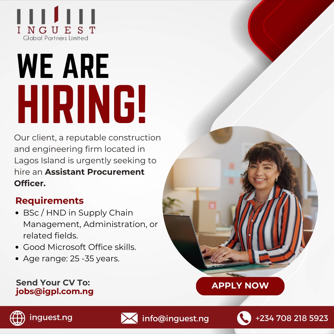 Our client, a reputable construction and engineering firm located in Lagos Island, is urgently seeking to hire an assistant procurement officer and sales/marketing manager. Salary: N70,000 - N150,000 Application Deadline – April 15, 2024. #inguest #lagosisland #recruitment