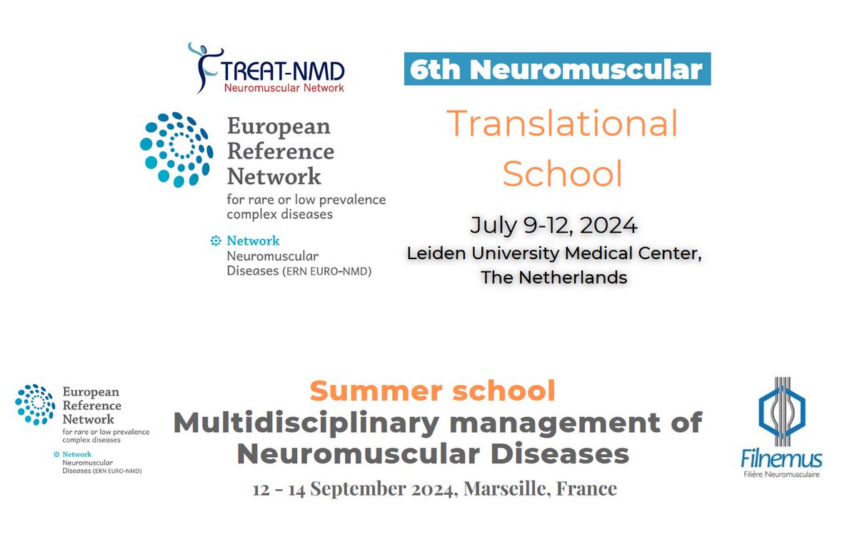 📣 Calling on all neuromuscular experts! Get ready for not 1, but 2 #SummerSchools:

1️⃣Neuromuscular Translational School👉bit.ly/441KlGc

2️⃣Summer School on Multidisciplinary Management of Neuromuscular Diseases👉bit.ly/3Udb4w4

Level up your skills!🧠🎓💪